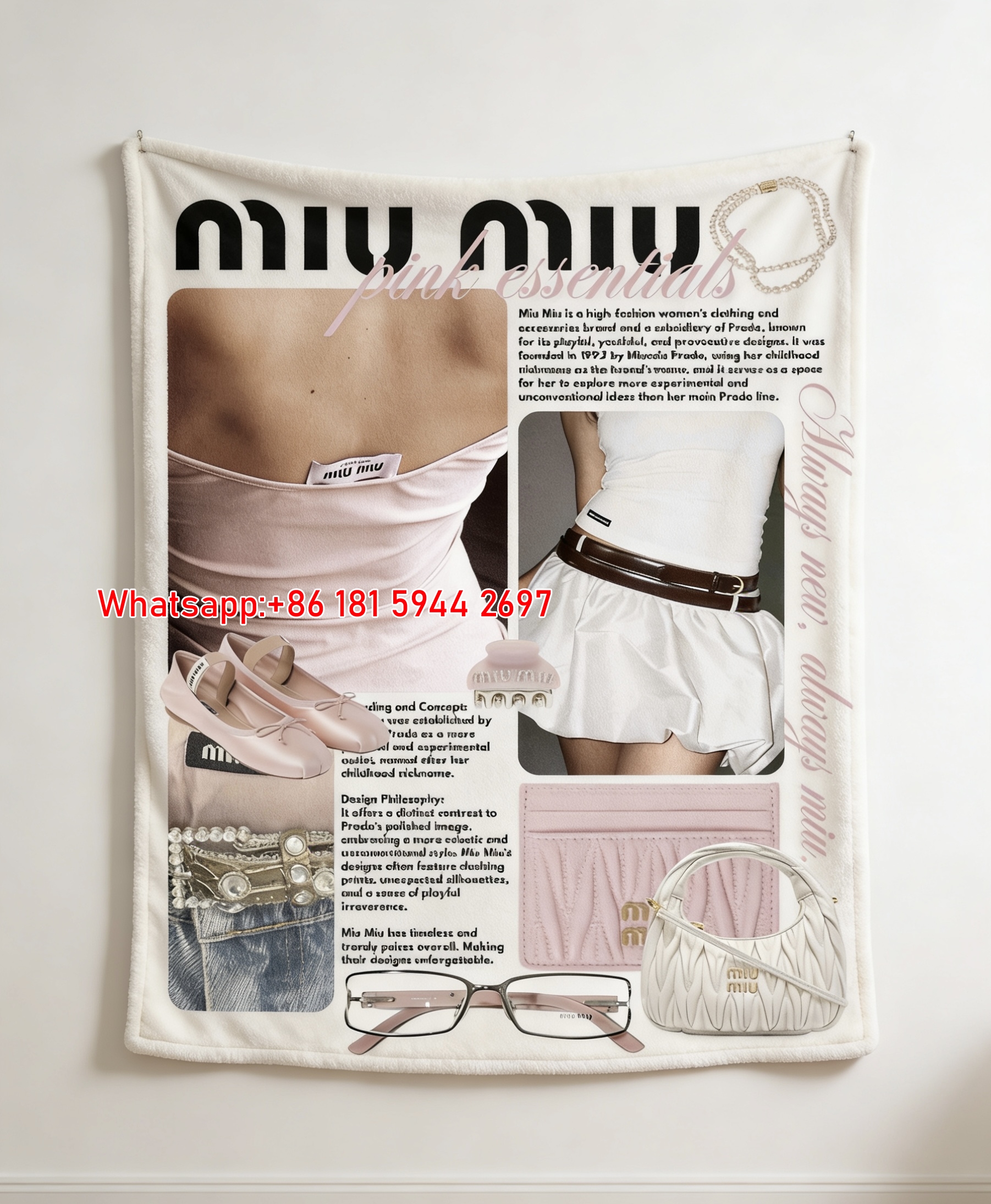 Miu Miu Pink & White Balletcore Fashion Magazine Print Flannel Sofa Throw Blanket IMG_0487
